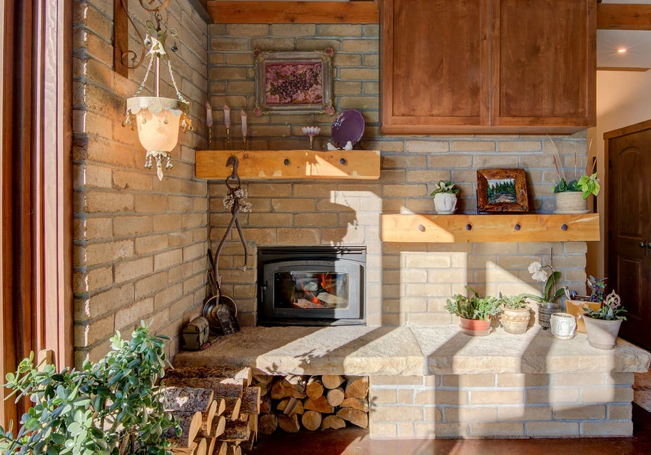 compressed earth block fireplace