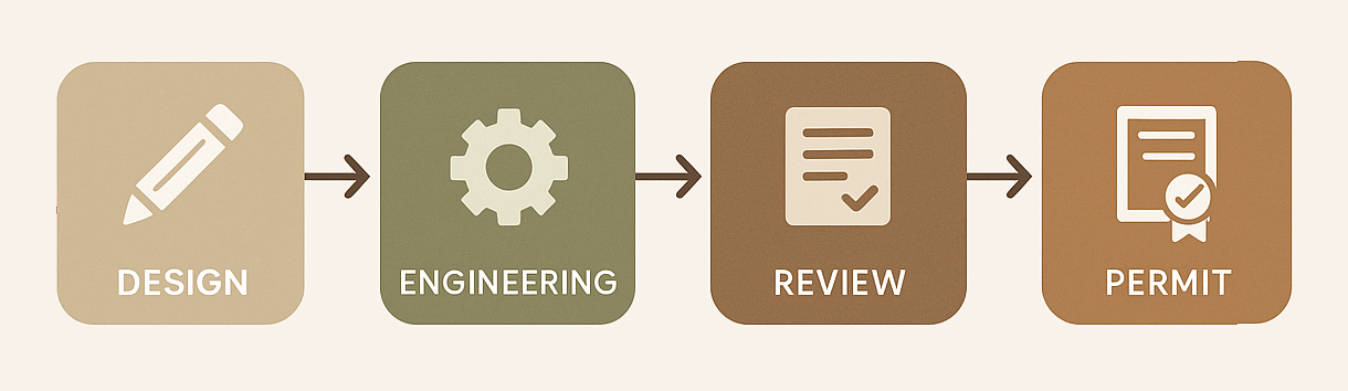 Flowchart showing the permitting process for an earthen home, Design, Engineering, Review, Permit connected by arrows.